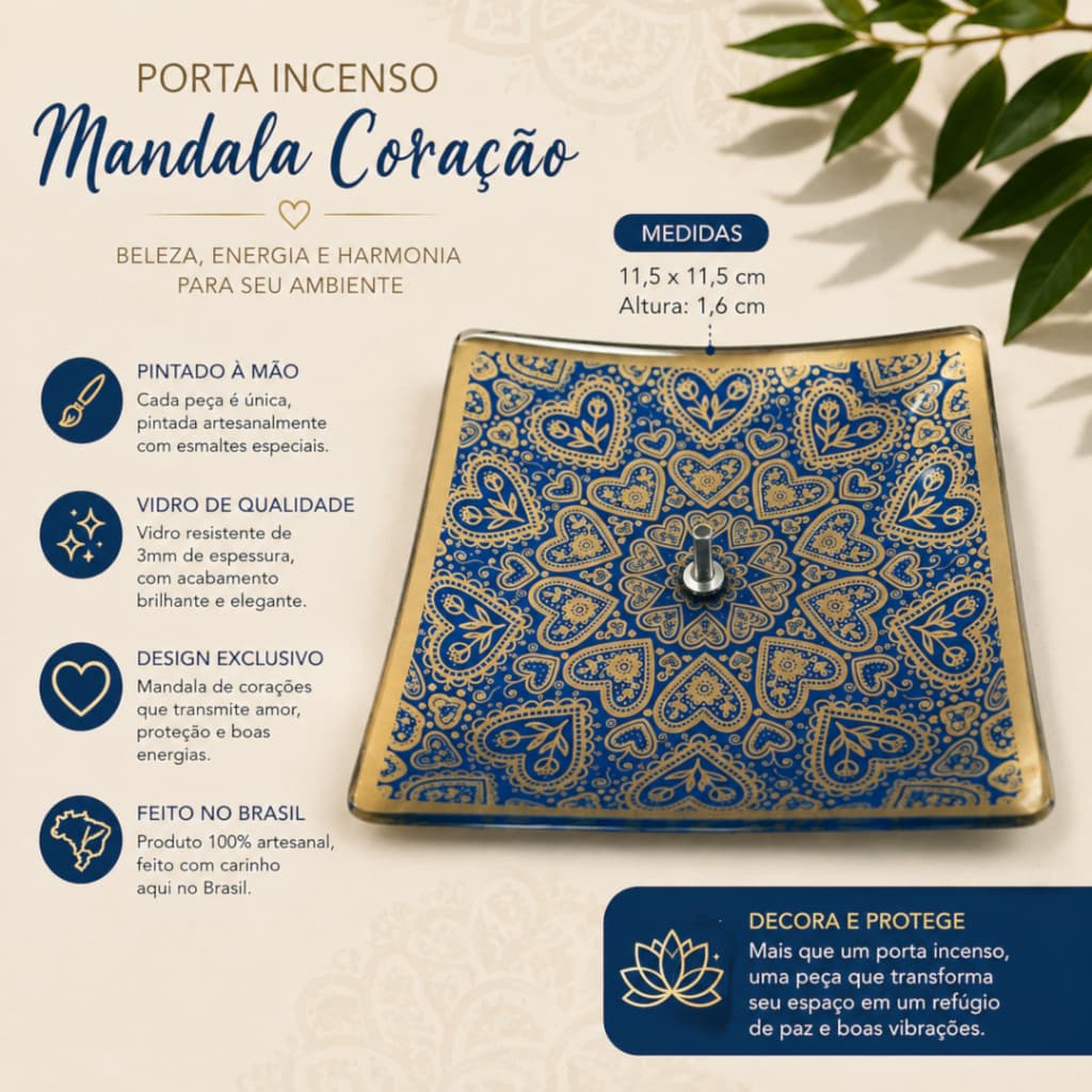 Incensário Quadrado com 12x12cm Estampado com Mandala Corações nas cores Azul e Dourado