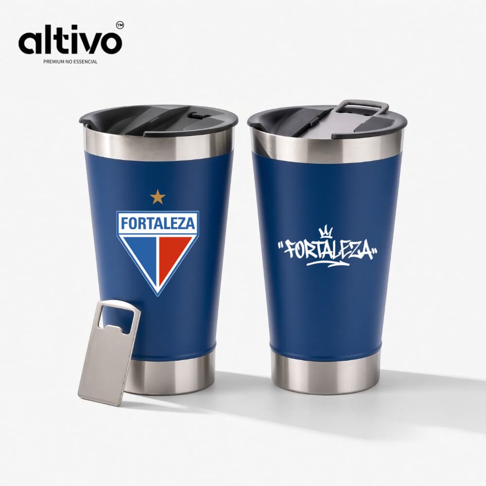 Copo Térmico Fortaleza Esporte Clube Time de Futebol 473ML com Tampa Rosqueável e Abridor em Aço Inoxidável
