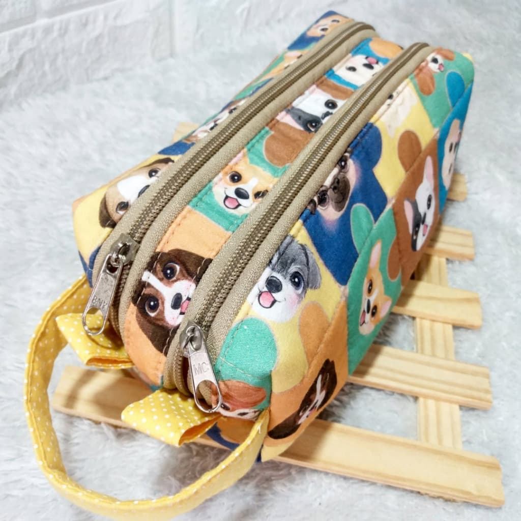 Estojo escolar bolso duplo grande | estampa cachorrinhos | Artesanal