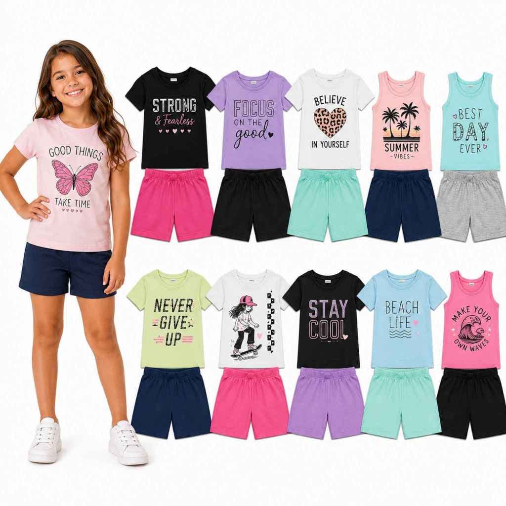 Kit 10 Peças Conjunto Verão 5 Camisetas + 5 Shorts Infantil Feminino/Menina Estampa Sortida