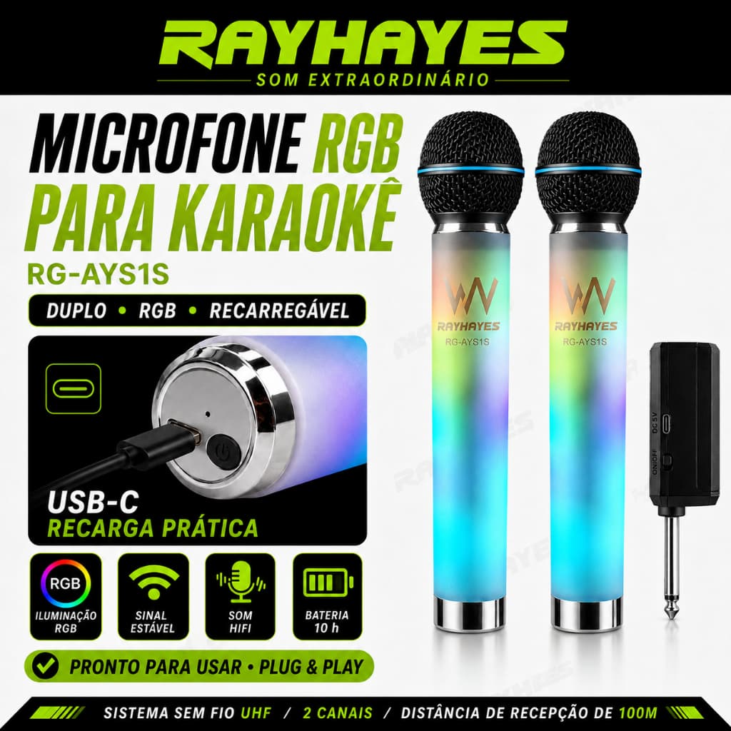 Microfones Sem Fio RAYHAYES RG-AYS1S Duplo RGB Luz Gradiente DSP Redução Ruído USB‑C Karaokê Festa Casa