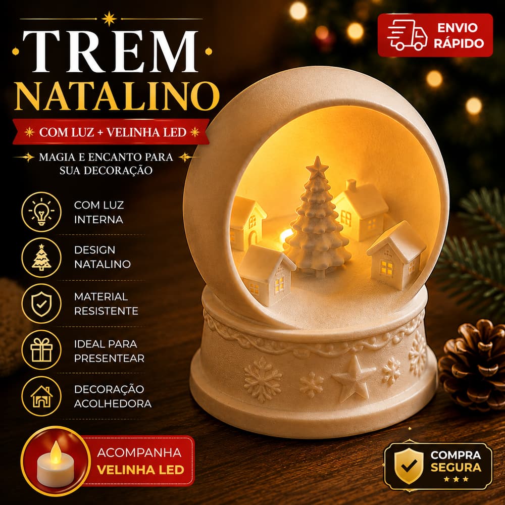 Globo de Natal Decorativo com Luz + Velinha LED – Trem Natalino