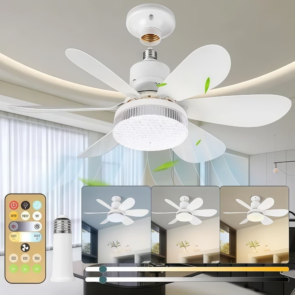 Ventilador de Teto 52CM 80W Lâmpada 3 Cores E27 Silencioso Bivolt 2 em 1 Controle Remoto PREMIUM Branco