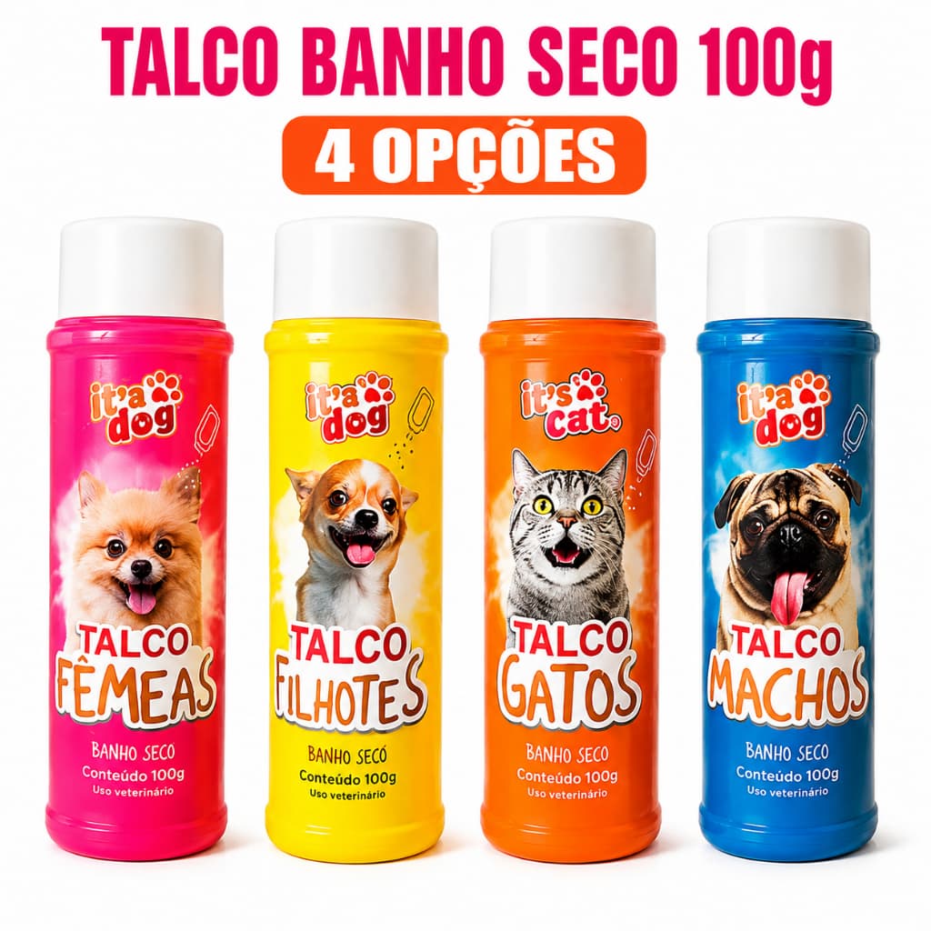 Talco Banho Seco para Cães e Gatos 100g Fêmeas Machos Filhotes e Gatos