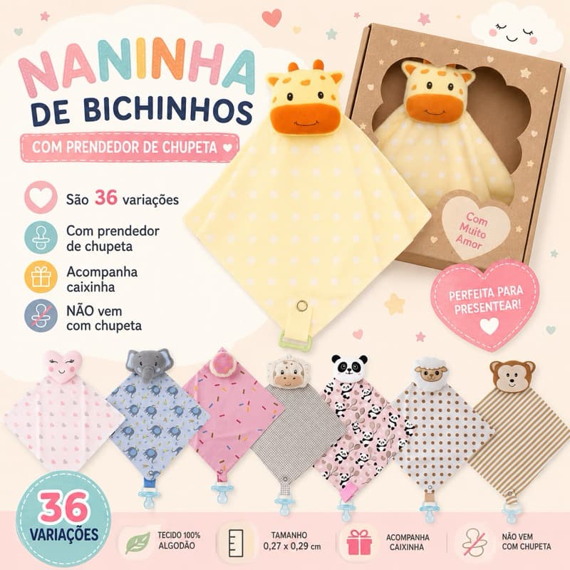Naninha Bordada para Bebê Paninho Macio 100% Algodão Bichinhos 36 variações Prendedor