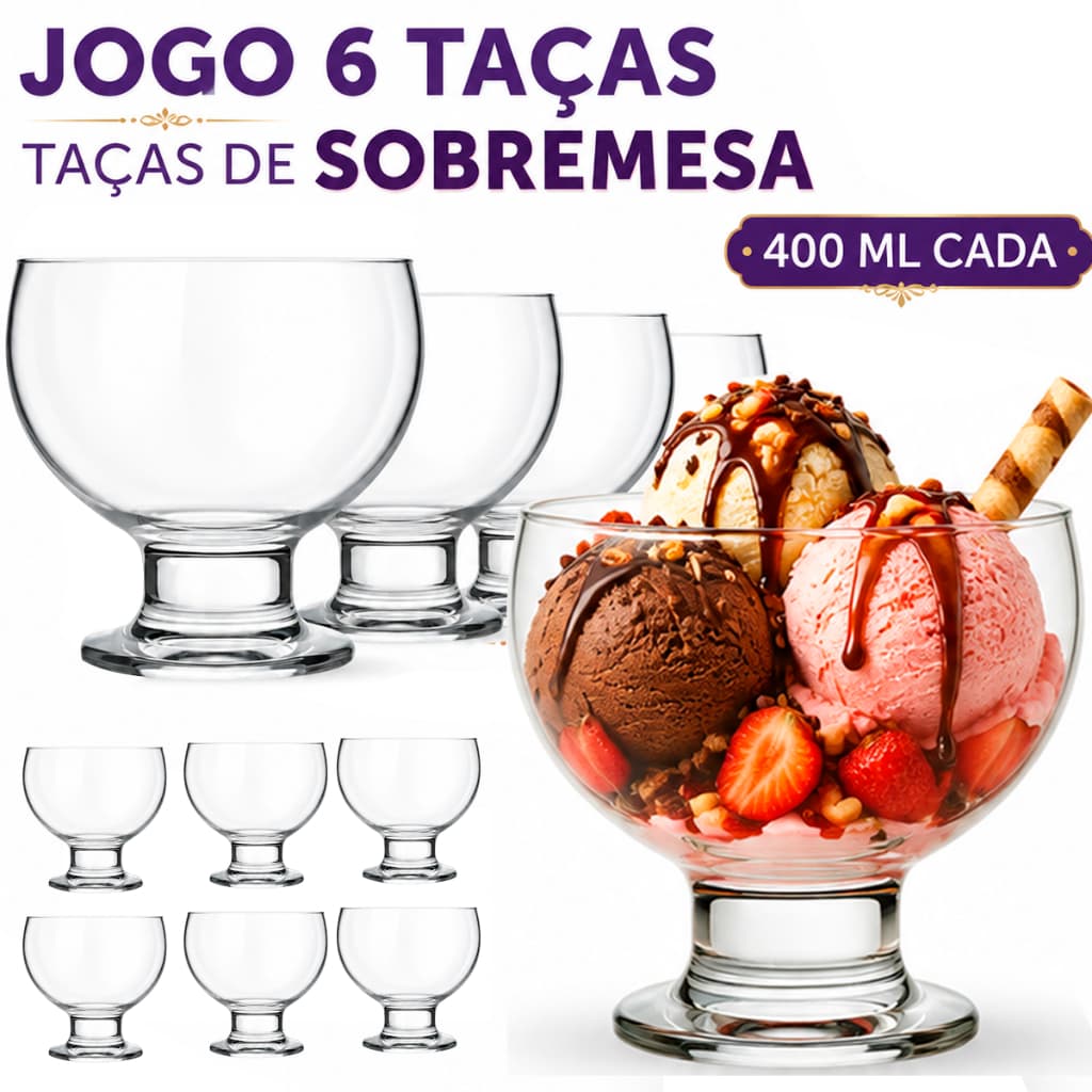 Kit jogo 6 Taças de Vidro Paulista 400ml Nadir para Sobremesa e Sorvete Completo para Servir Creme Mousse e Açaí