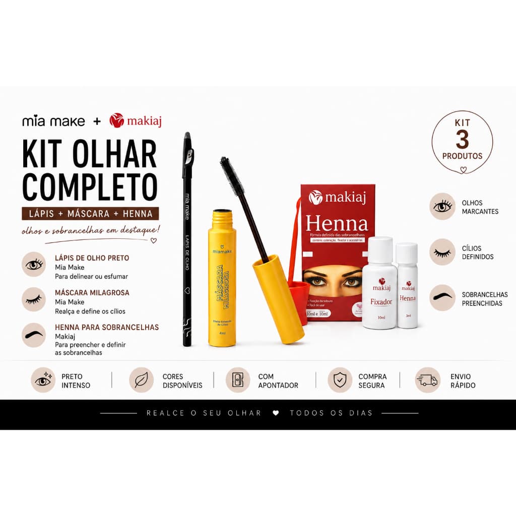 Kit Design de Sobrancelhas e Olhar Completo – Henna + Lápis de Olho + Máscara Milagrosa