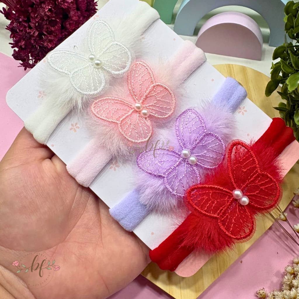 Kit 4 Laços Bebê Faixa - Borboleta Faixinha Slim Recém Nascido Lacinhos de Cabelo RN Infantil Menina Meia de Seda Cereja