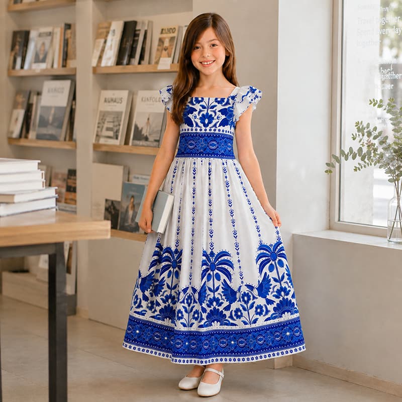 Vestido Infantil Juvenil Longo Estampado Azul e Branco com Babado Festa Verão Tam. 10 ao 16
