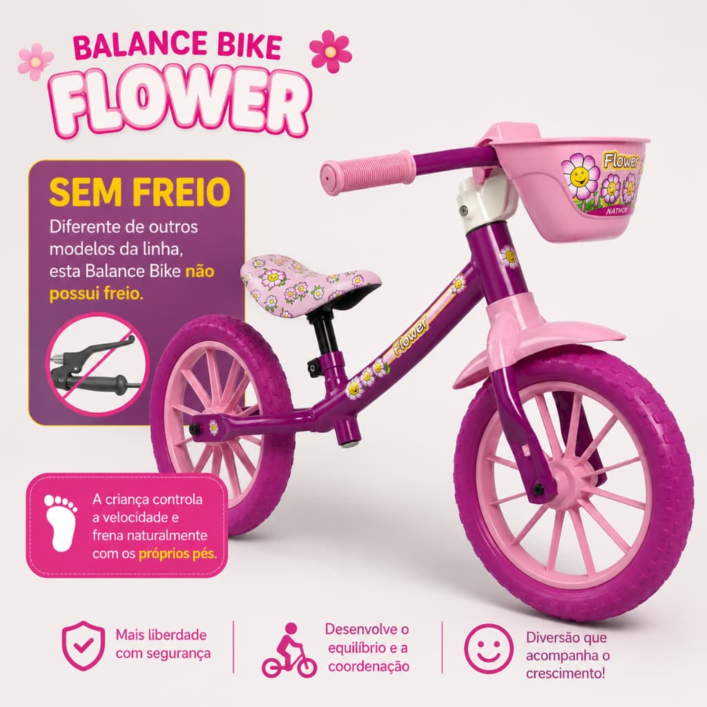 Bicicleta Infantil de Equilíbrio Nathor Flower Rosa Aro 12 Sem Pedal para Menina 2 Anos+