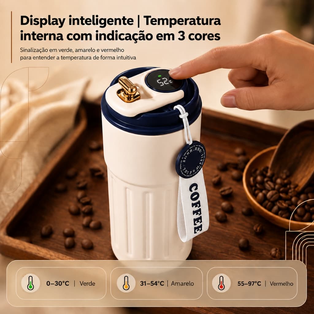 Eletromex Copo Térmico Inteligente 410ml Inox 316 Display Temperatura Dupla Boca Vácuo 5 Camadas