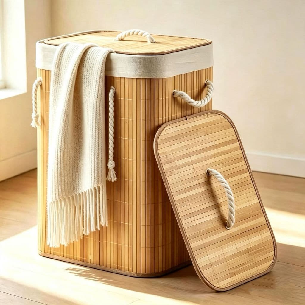 Cesto de Roupa Bambu 72L Dobrável – Organizador com Revestimento Interno alta capacidade