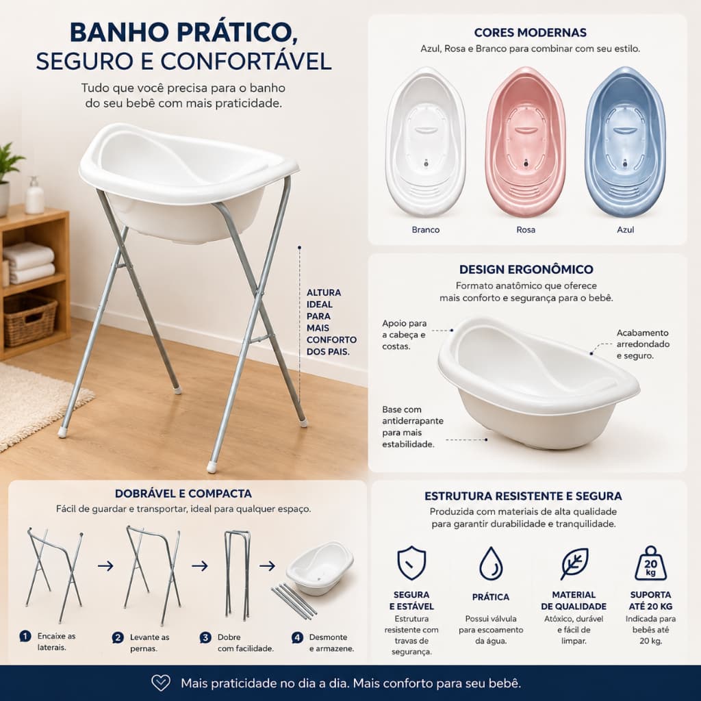 Banheira com Suporte de bebe 22L Resistente Infantil Menina Menino Design Anatômico