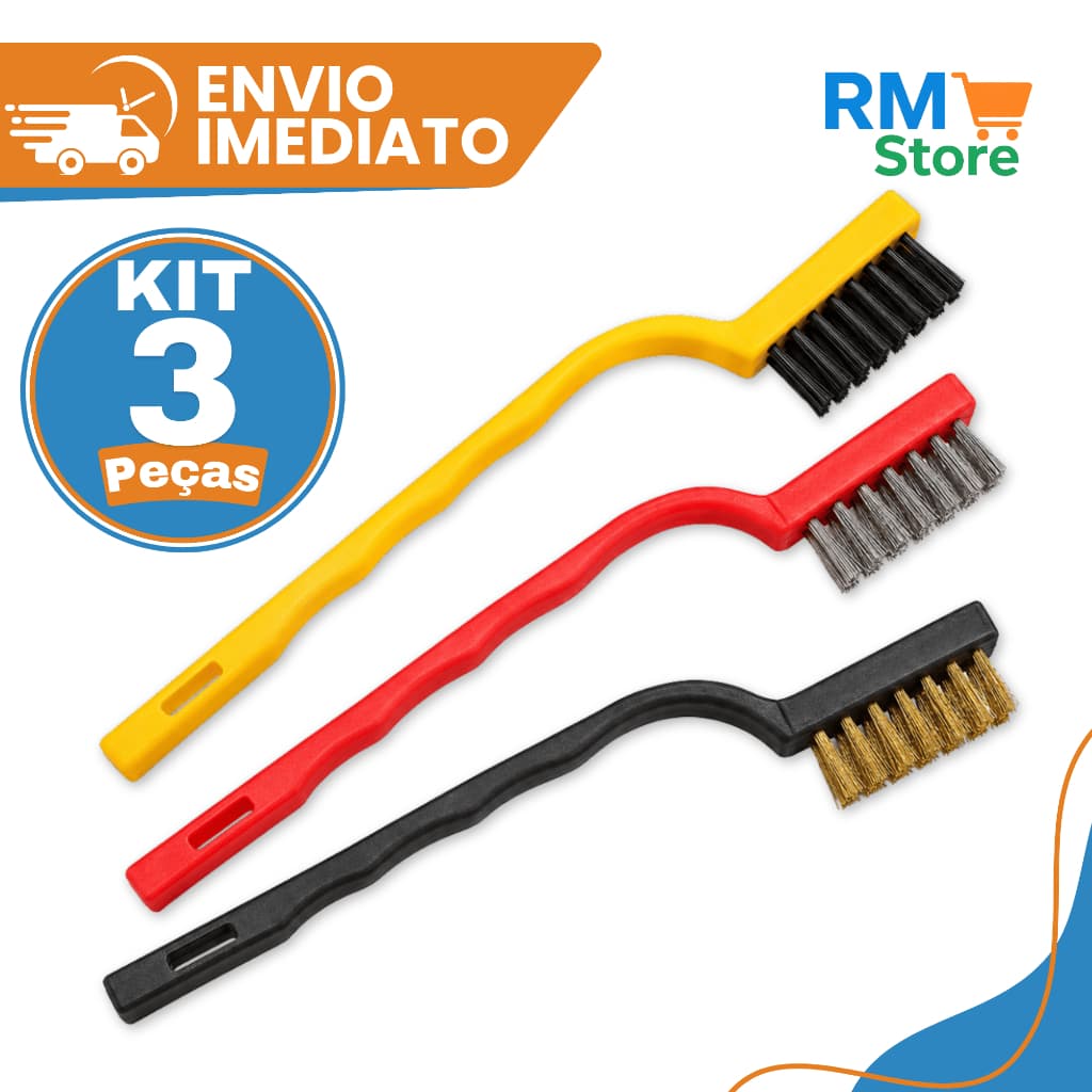 Kit 3 Escovas de Aço para Limpeza Pesada Aço Latão Nylon Remover Ferrugem Churrasqueira