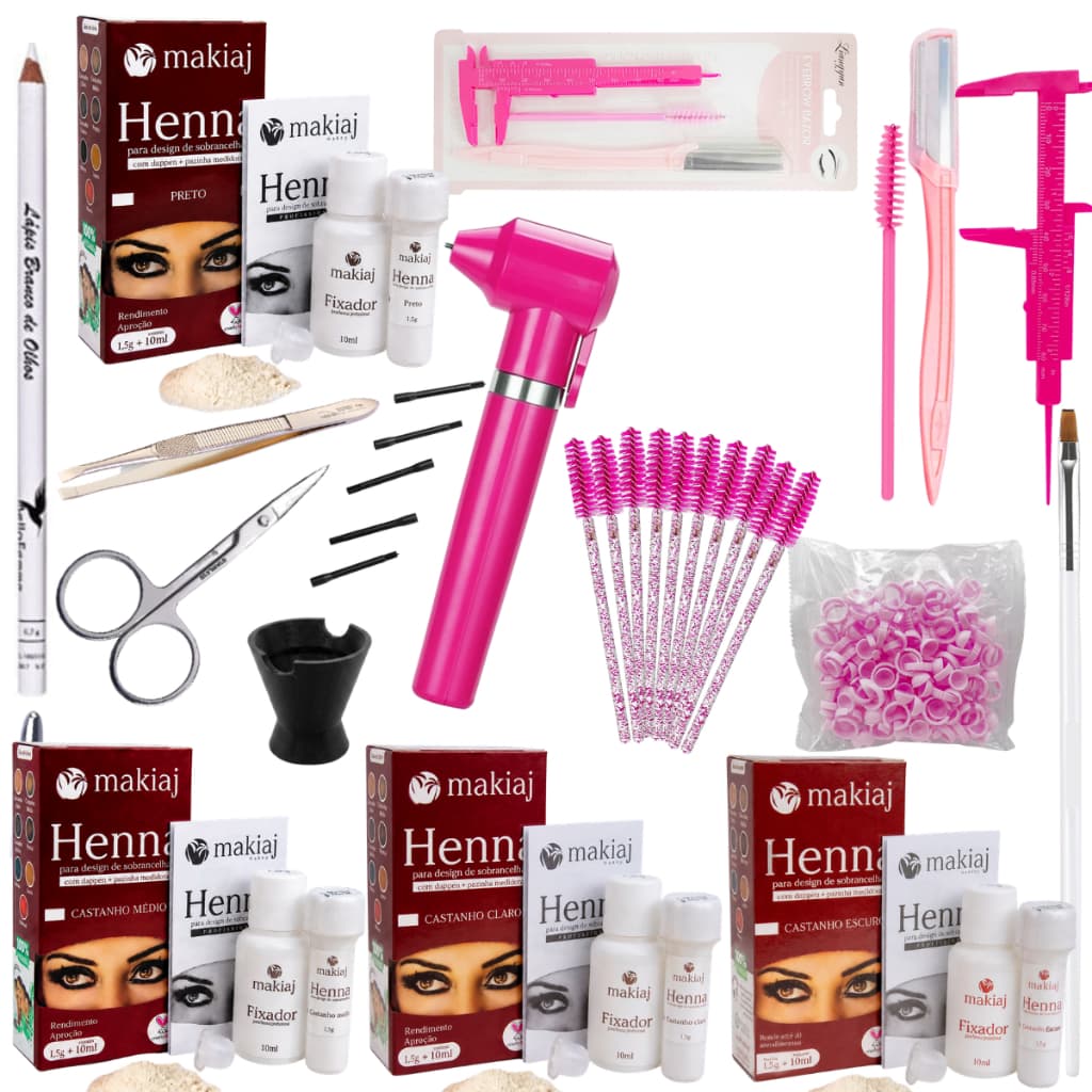 Kit Design de Sobrancelhas Profissional Completo Henna Mixer Paquimetro Molde Tesoura Escovinha Anel