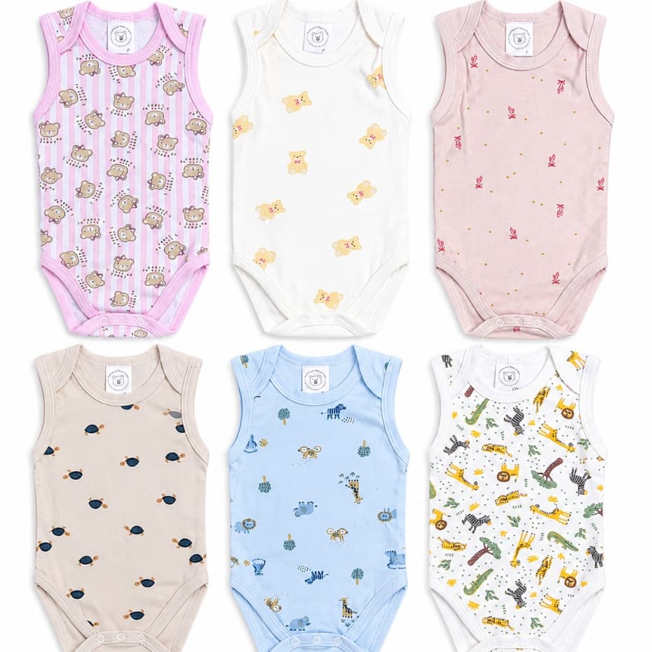 Body Regata Bebê 100% Algodão Suedine Estampado P M G Menino Menina