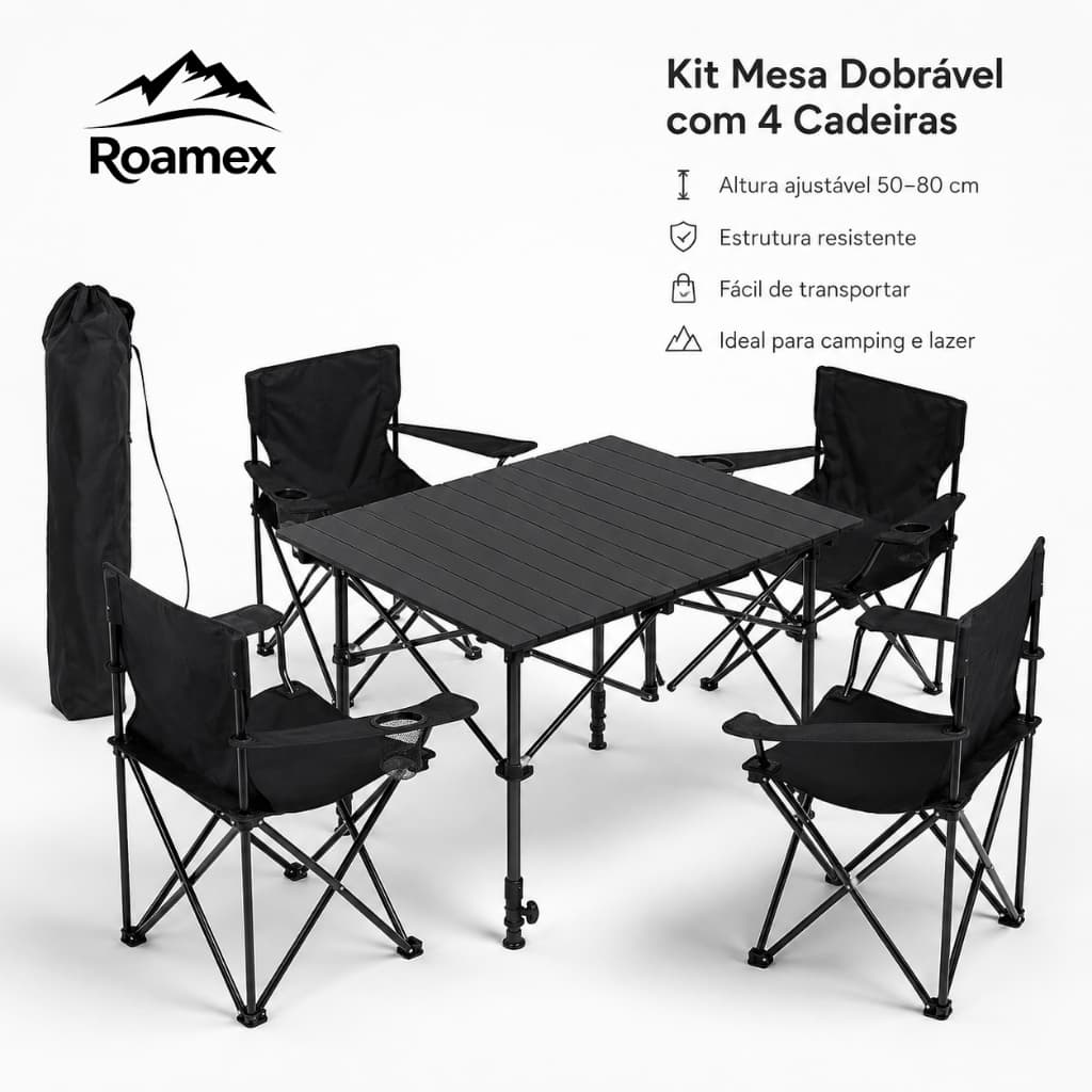Kit Mesa Dobrável Altura Ajustável 50-80cm com 4 Cadeiras Camping 5 Peças Portátil com Bolsa