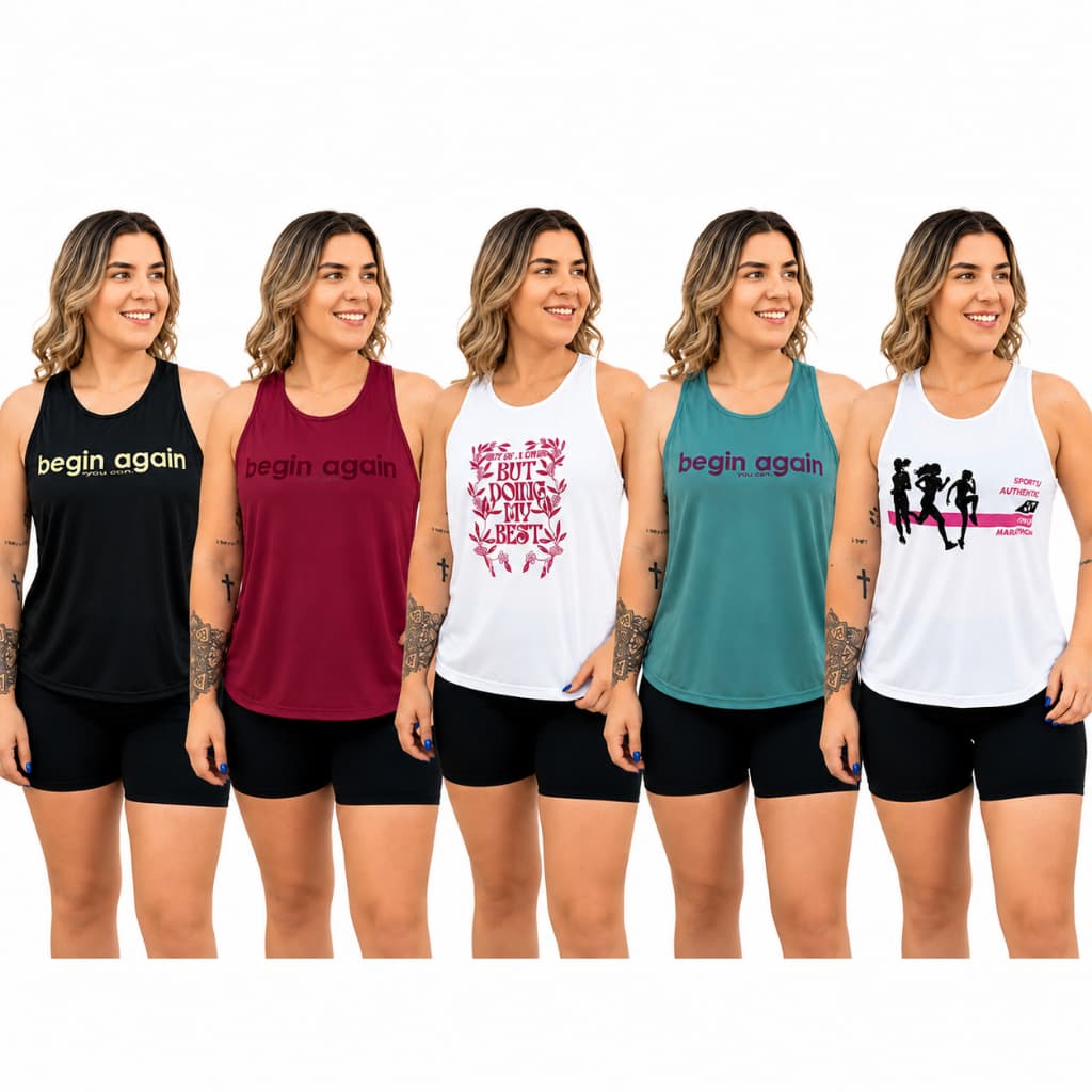 Regata Feminina Kit 5 Peças  Begin Fitness para Academia costas Nadador tecido Respirável