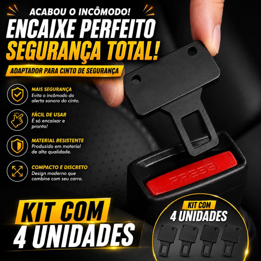 Kit Clipe Fivela Cinto de Segurança Universal para Carro Plug Alarme Sonoro Extensor Oculta Discreta