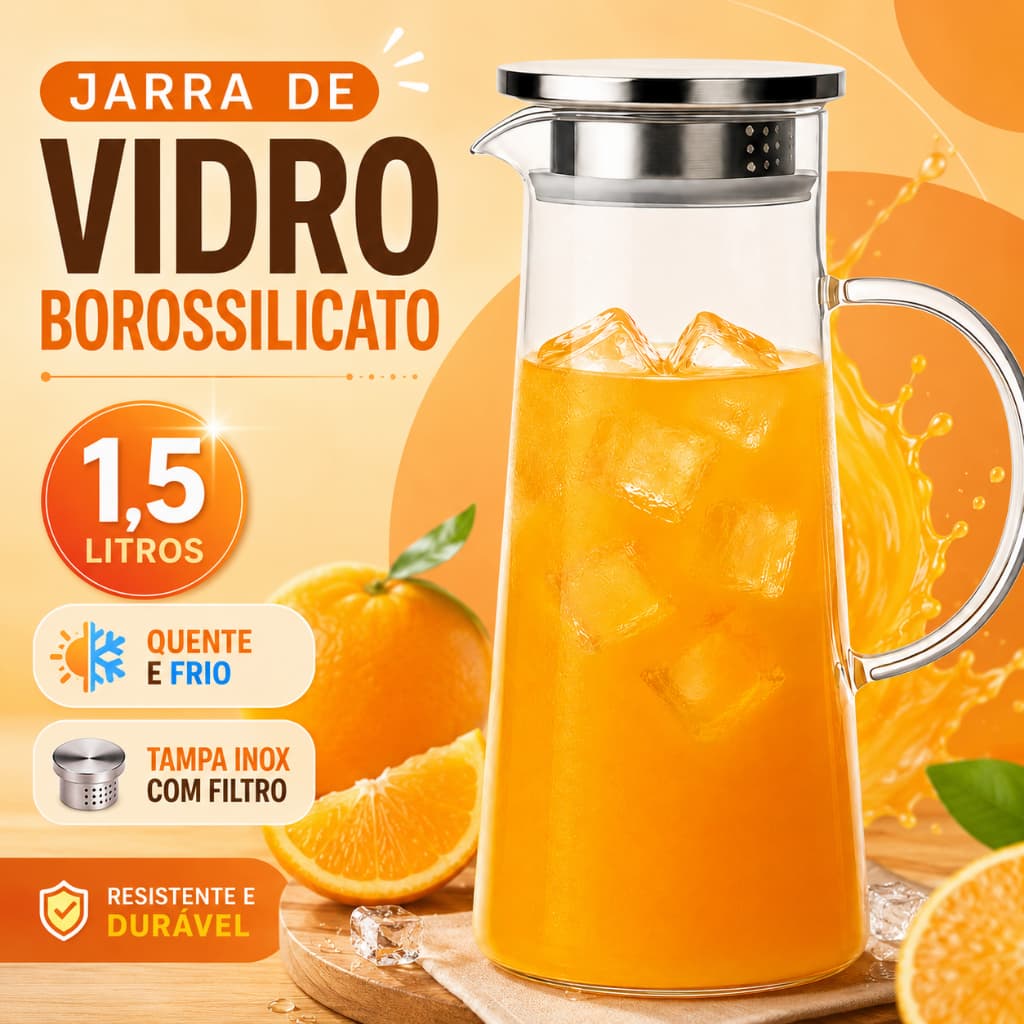 Jarra Vidro Borossilicato Transparente Tampa Inox Suco Água