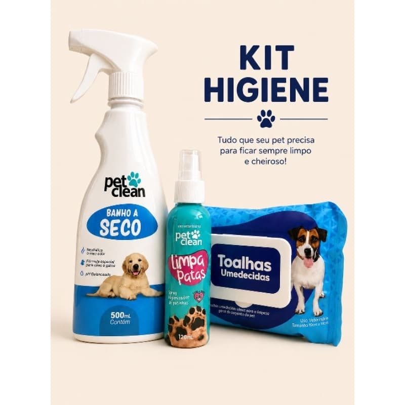Kit Higiene a Seco Limpa Pata 120 ml+ Banho a Seco 500 ml +Lenço umidecido 50 Un Pet Clean Cães e Gatos