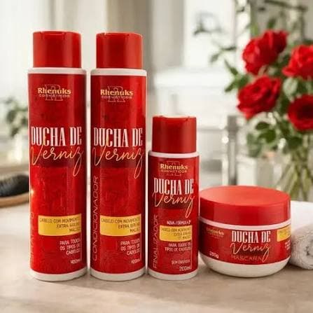 Kit Ducha de Verniz Rhenuks Cosméticos – Shampoo, Condicionador, Leave-in e Máscara Capilar