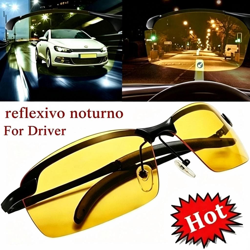 Óculos Solar Lente Preta Diurno para Pesca e Condução + Óculos Visão Noturna Lente Amarela para Estrada Escura