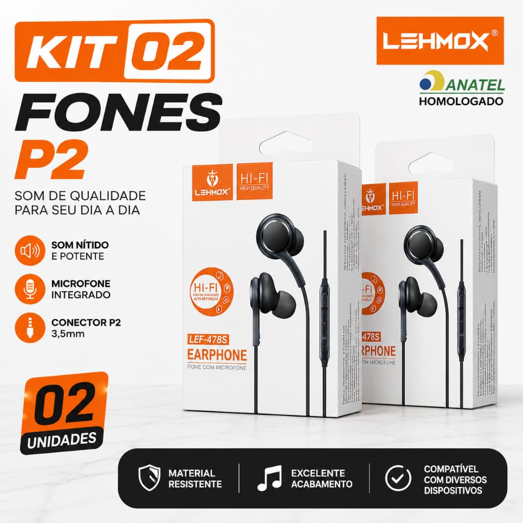 kit 02 Fone de Ouvido Com Fio P2 Nylon Reforçado e Microfone Integrado