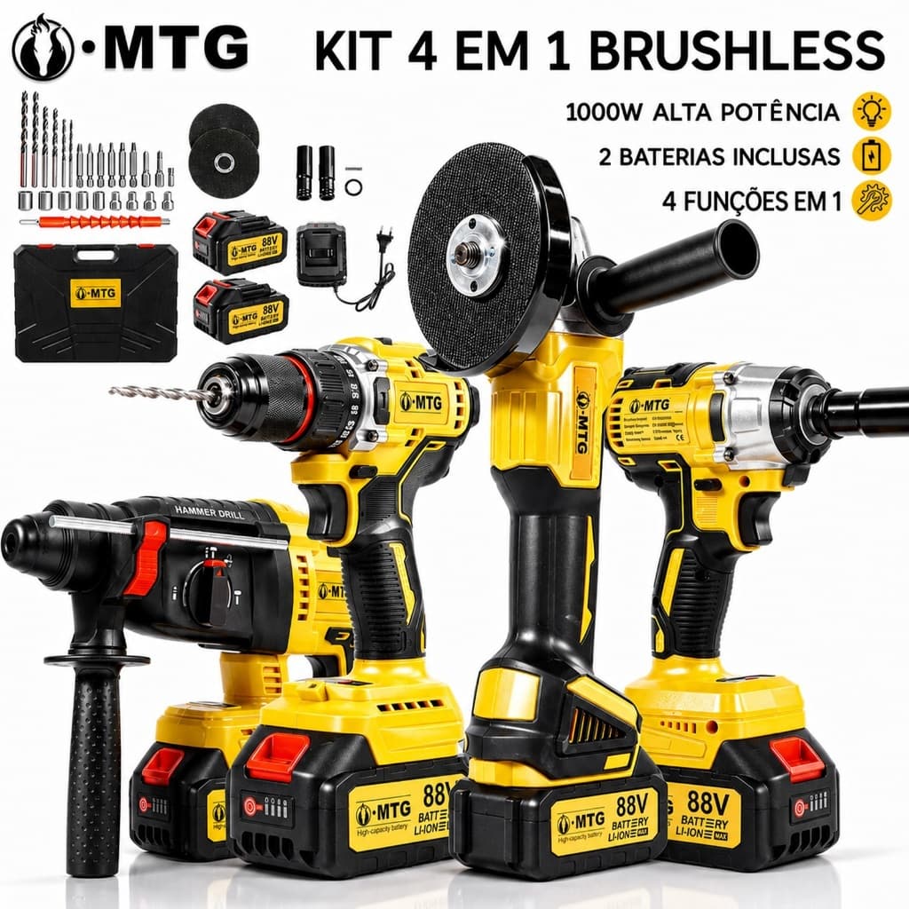 Kit MTG 4 em 1 Brushless: Furadeira, Chave de Impacto, Esmerilhadeira e Martelete, 2 Baterias