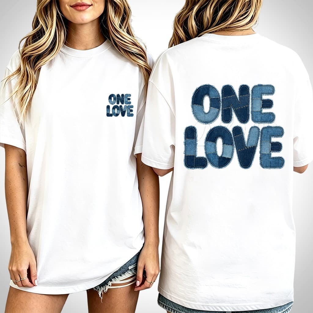 Camiseta One Love Estampa Jeans Remendada Frente e Verso 100% Algodão Feminina Plus Size Branco Preto Estilo Casual