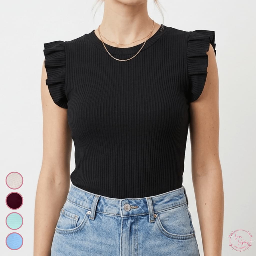 Blusa Feminina Canelada Babado Ribana Gola Redonda Babadinho Moda