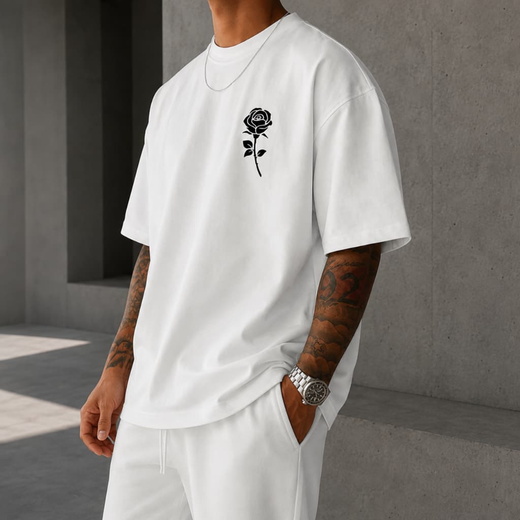 Camiseta Masculina Oversized Preta Estampa Rosa Minimalista Streetwear Casual Manga Curta