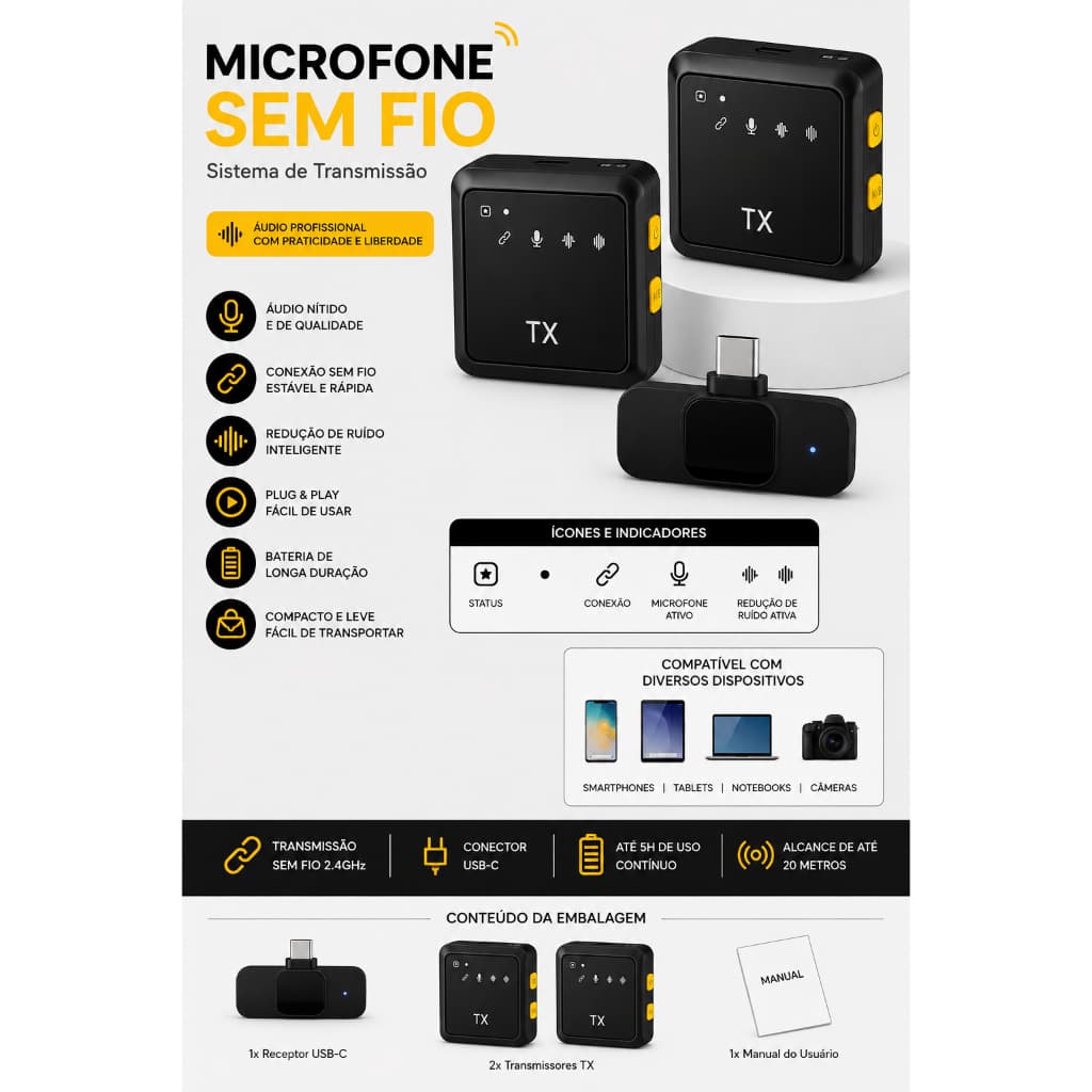 Microfone Sem Fio Lapela Duplo 2.4GHz USB-C Redução de Ruído para Celular Android 2 Microfones
