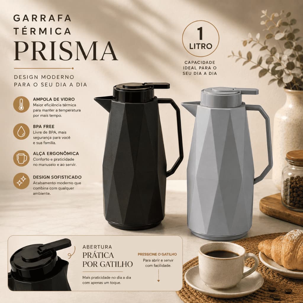 Garrafa Térmica Prisma 1 Litro com Gatilho Design Moderno Cinza ou Preto