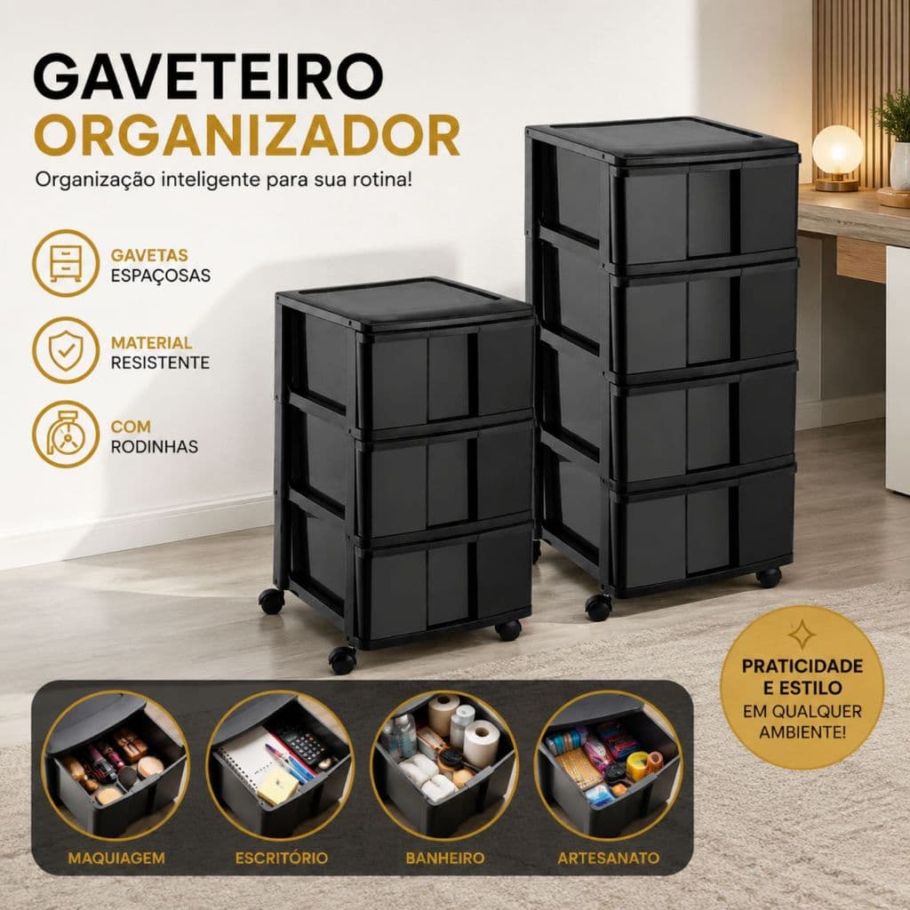 Gaveteiro Organizador Grande 3 E 4 Gavetas de Chão Com Rodas Cozinha Escritorio Quarto Plástico Multiuso