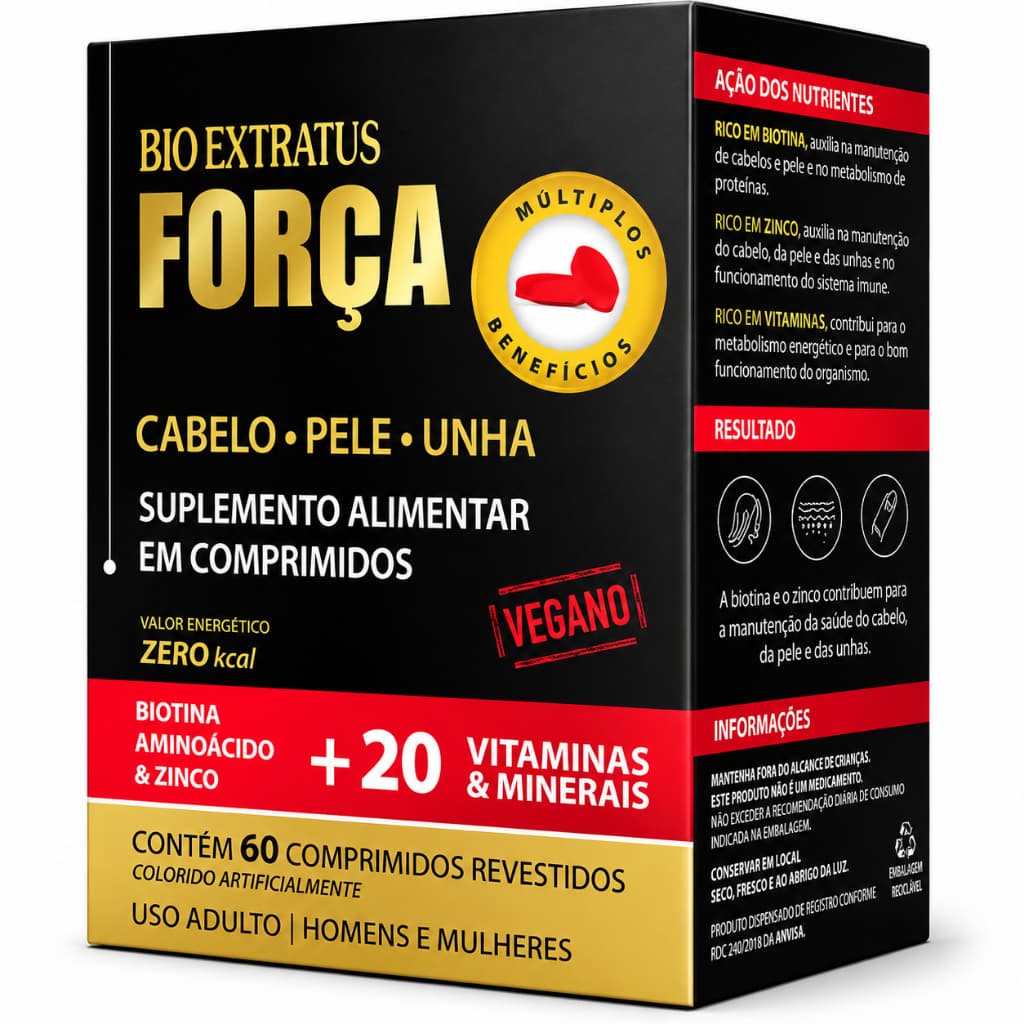 Bio Extratus Força 60 Comprimidos Cabelo Pele e Unhas com Biotina Zinco e +20 Vitaminas