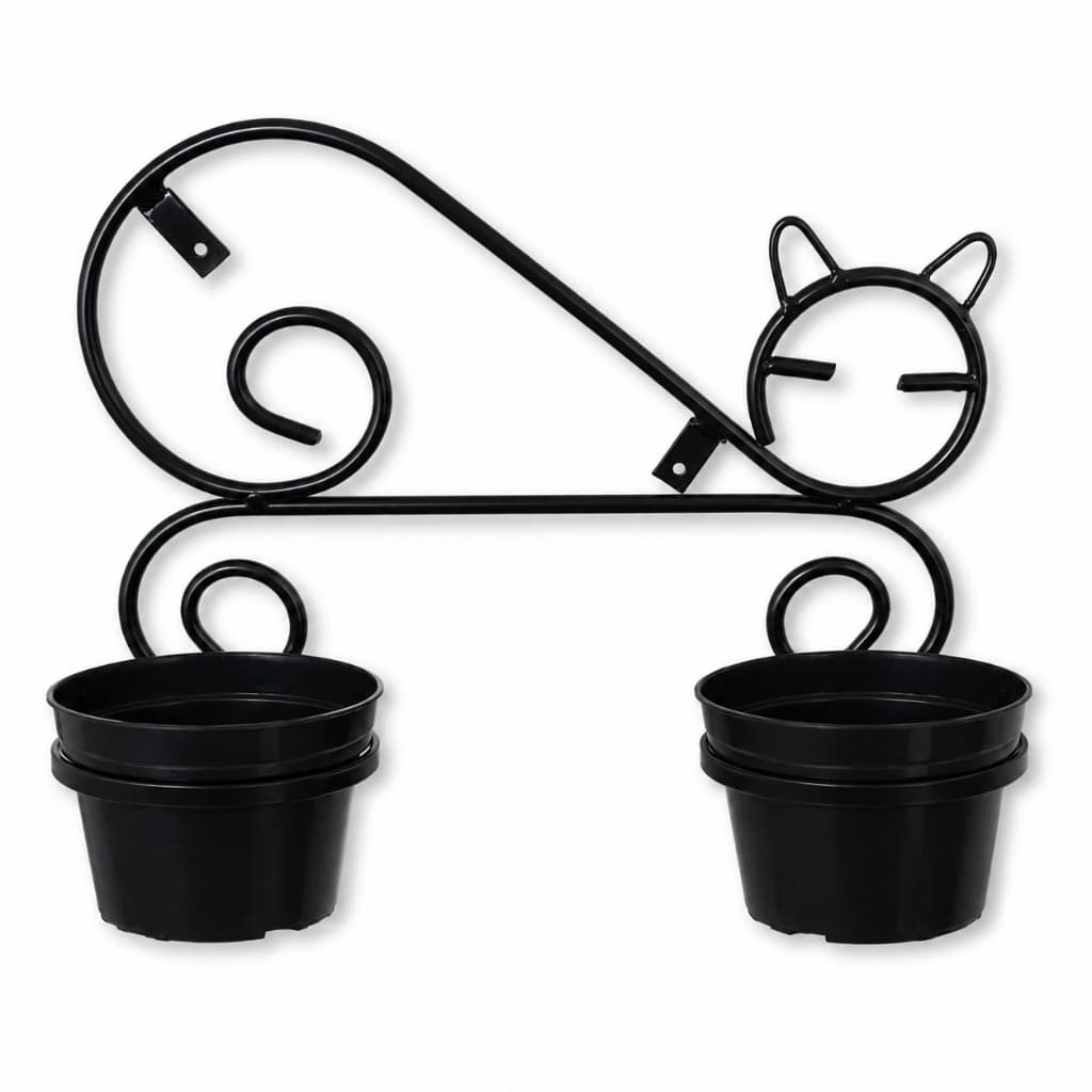 Suporte de Parede Gato Duplo com 2 Vasos Pretos para Plantas Jardim Varanda