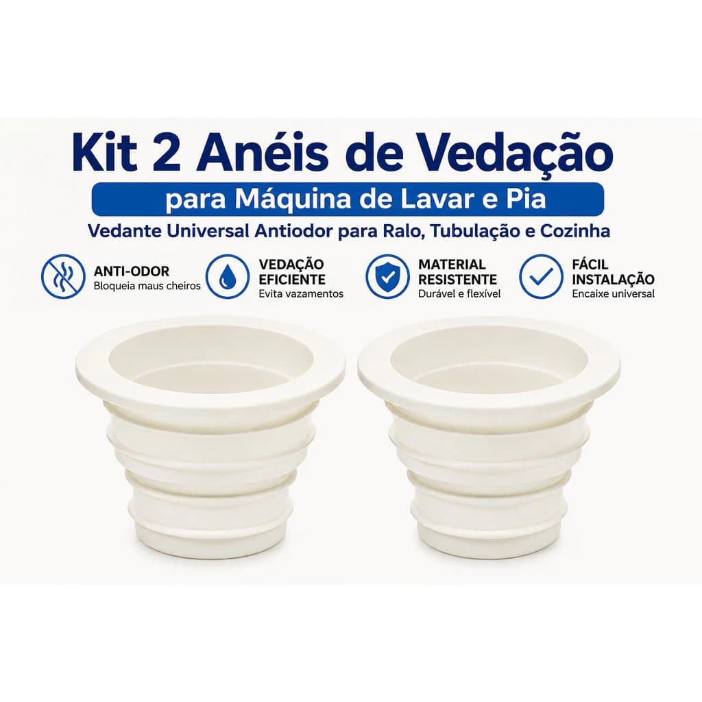 Kit 2 Anéis de Vedação para Máquina de Lavar e Pia – Vedante Universal Antiodor para Ralo, Tubulação e Cozinha