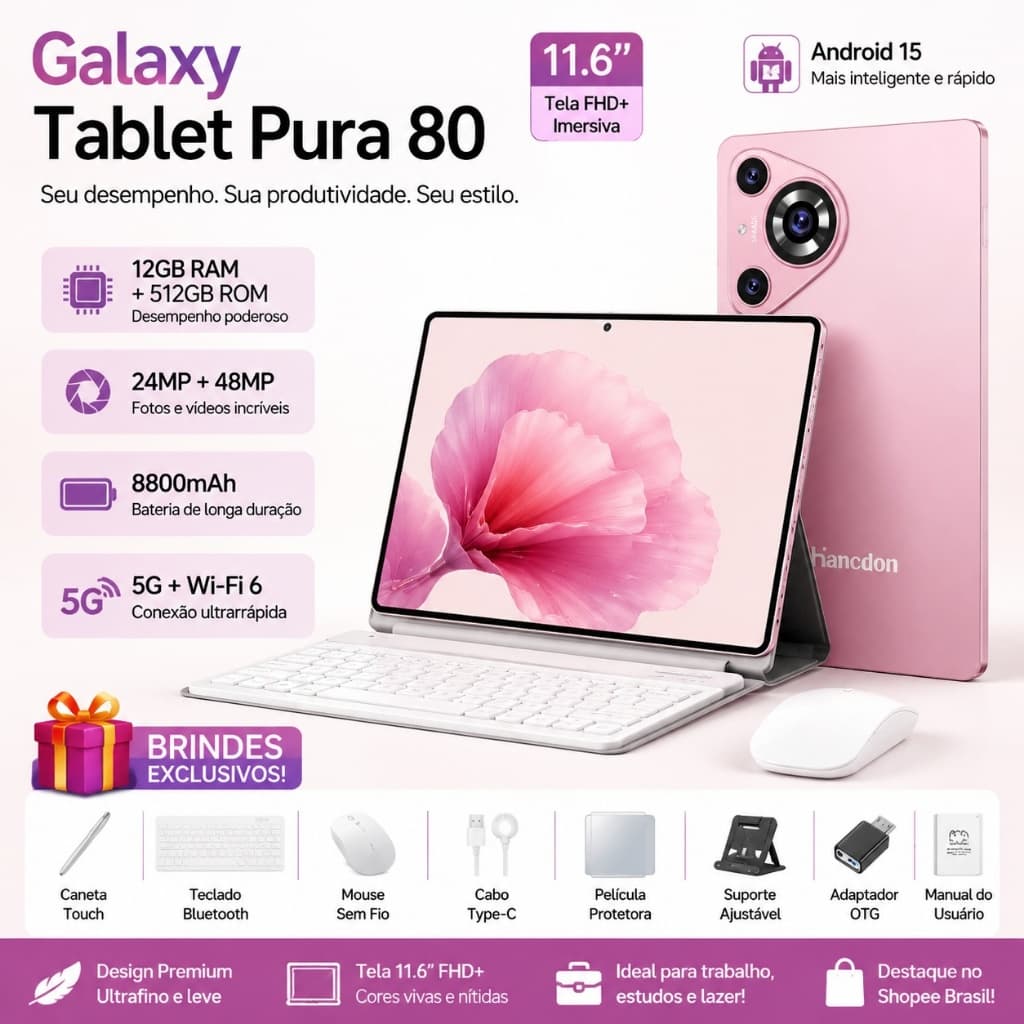 【Teclado e mouse gratuitos】Tablet Galaxy Pura 80 Android 15 11.6" FHD+ 12GB RAM 512GB ROM 8800mAh Rosa Câmera 24MP+ 48MP
