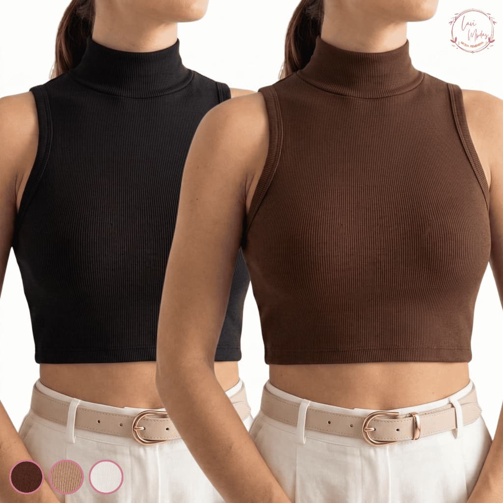 Regata Cropped Feminina Gola Alta Ribana Canelada Sem Manga Básica