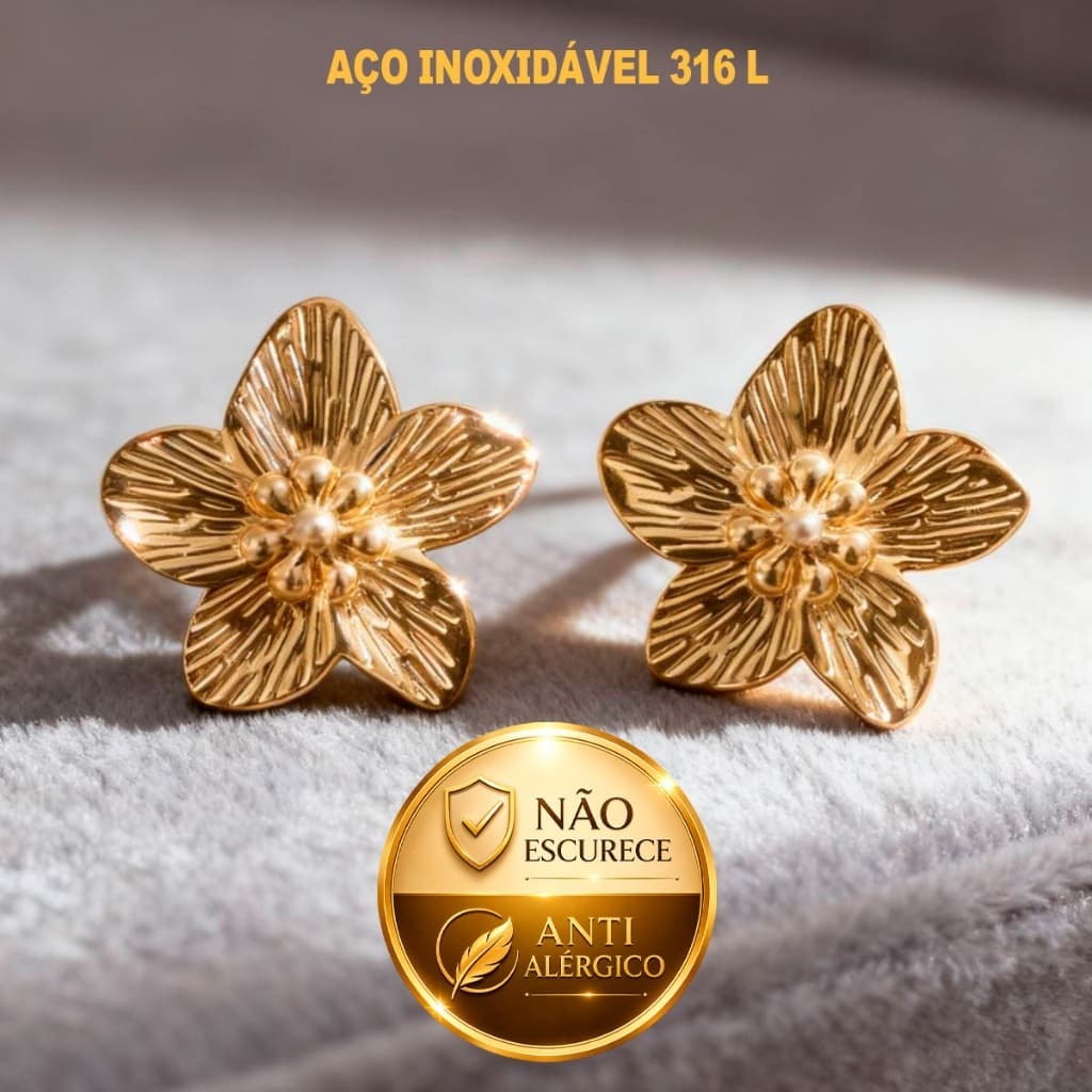 brinco flor aço inoxidável 316L Dourado Resistente Elegante Antialérgico par Não Escurece