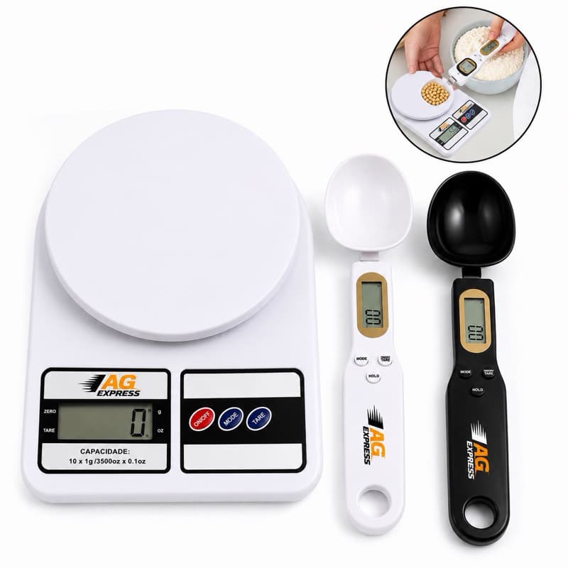 kit Balança Digital Cozinha 10kg + Colher medidora digital 500g alimento fitness Wey marmitas e pets
