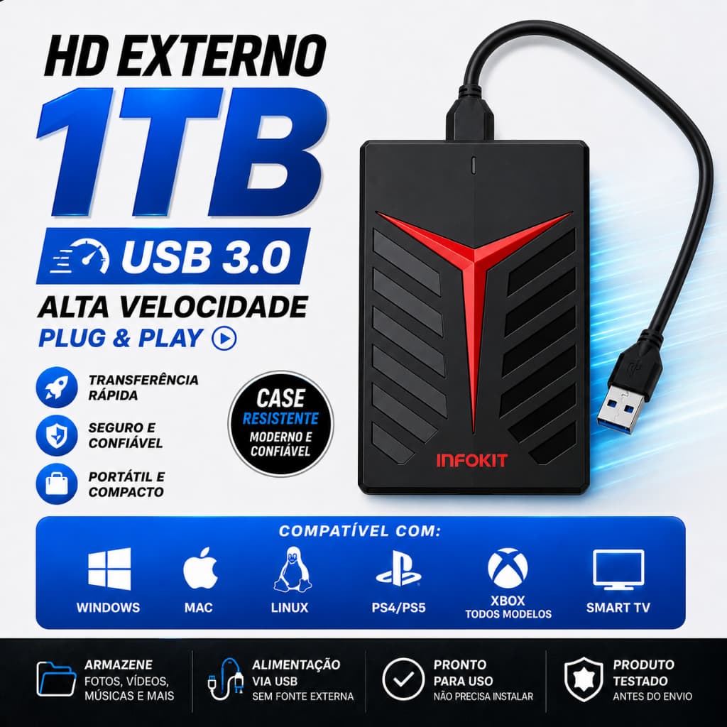 HD EXTERNO PORTÁTIL 1TB/1000GB USB 3.0 CASE PRETA PREMIUM, PS2 PS3 PS4 PS5 XBOX PC NOTEBOOK