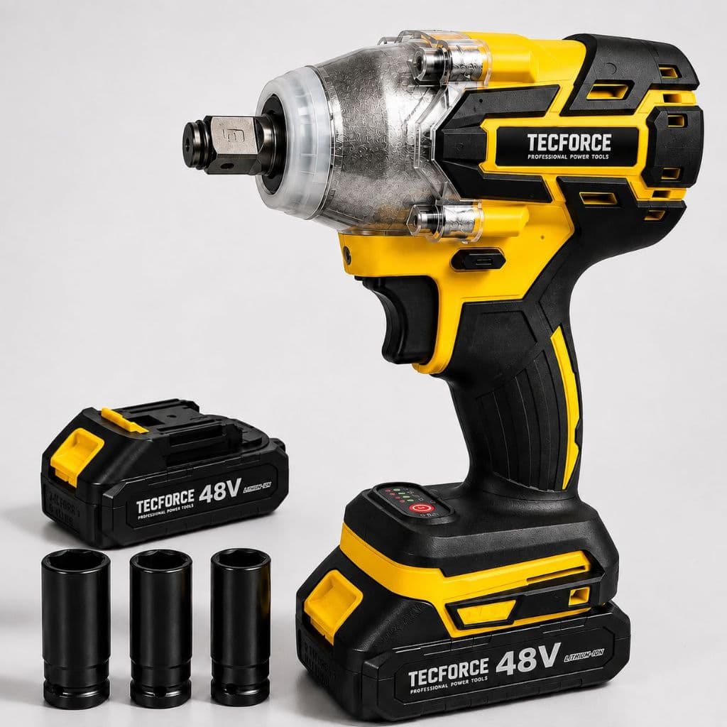 Chave de Impacto e Parafusadeira TecForce 48V 300Nm Brushless 1/2” 2 Baterias 3 Soquetes