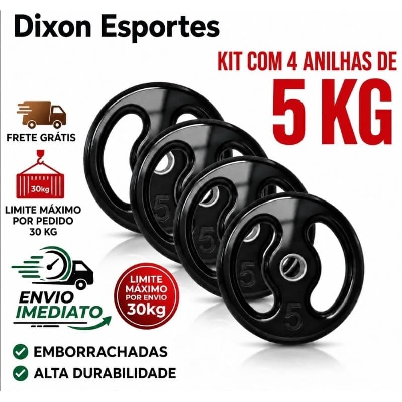 kit 20kg Anilhas Emborrachadas (4×5kg) Academia Fitness Pronta Entrega Envio Imediato