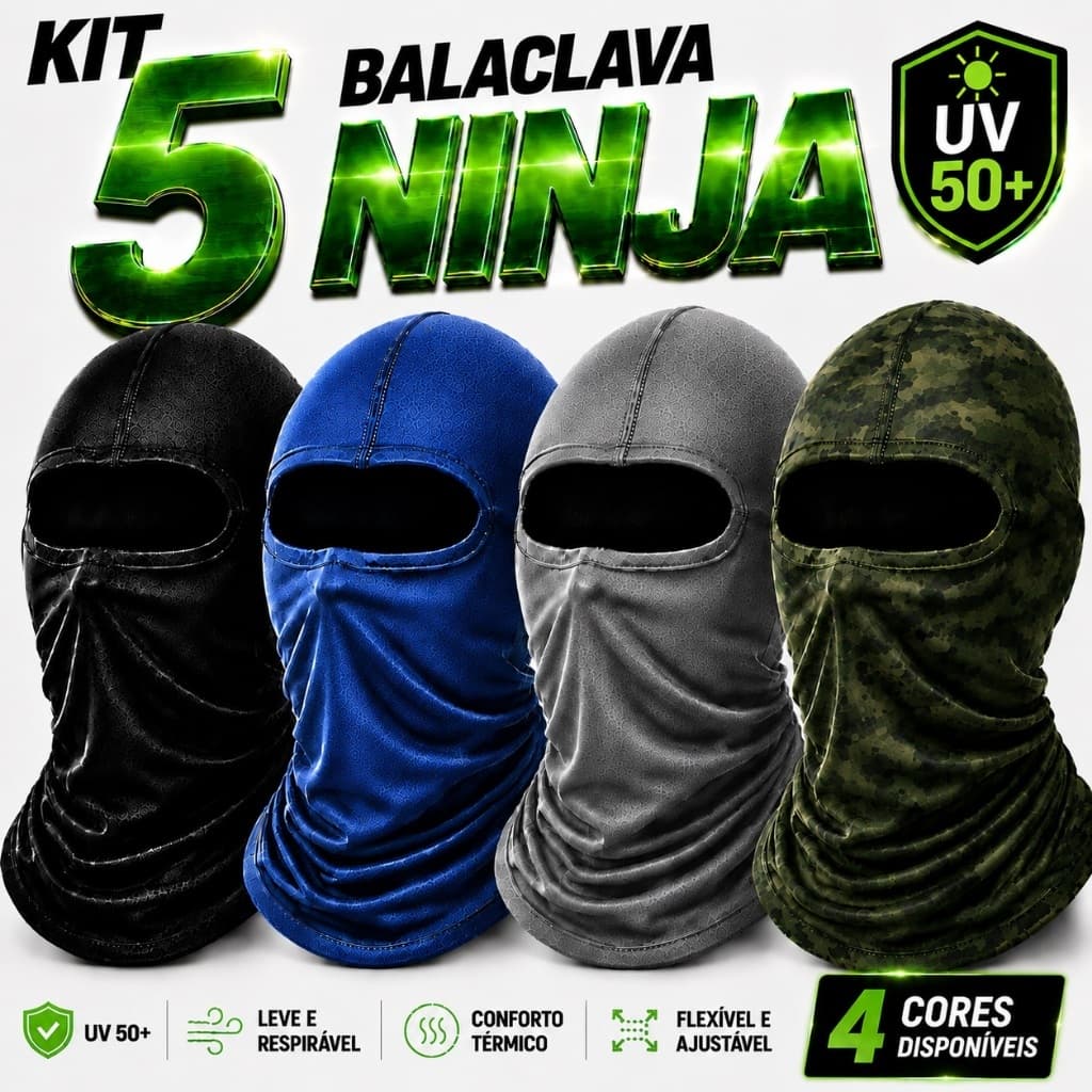 Jogo 5 Touca Ninja Balaclava Proteção Térmica Solar Kit Motoqueiros Pescador Motoboy Frio Moto UV