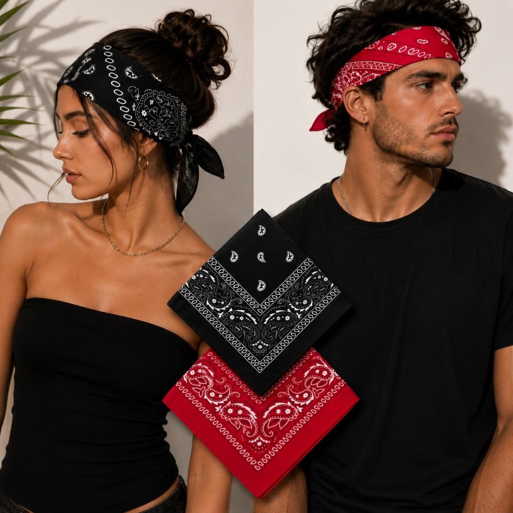 Kit 2 Bandanas Estampadas Preto e Vermelho Lenços Em Poliéster Unissex