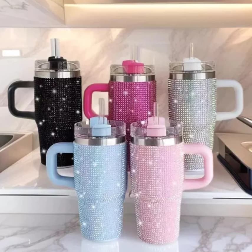 Copo Com Alça 600ml Strass Brilhante Garrafa Termica Luxo Com Canudo Inox Academia Escritorio Presente Feminino