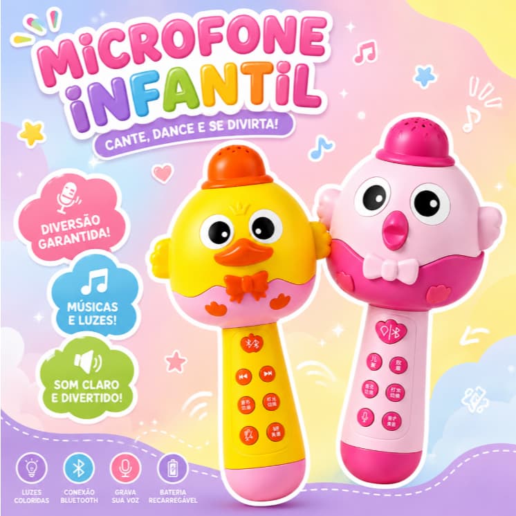 Microfone Bluetooth Brinquedo Infantil Luz LED Karaoke Recarregável Sem Fio Conta Histórias