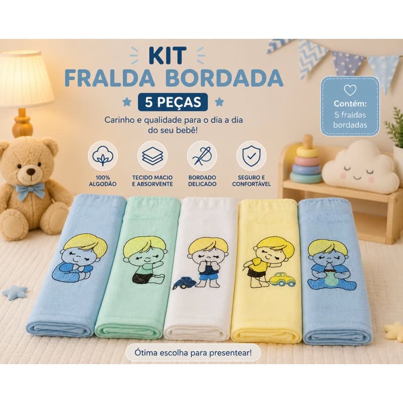Kit Fralda de Pano Bordada Tecidos Duplo, com 5 unidades 70x70cm  100% Algodão Feminina e Masculina.